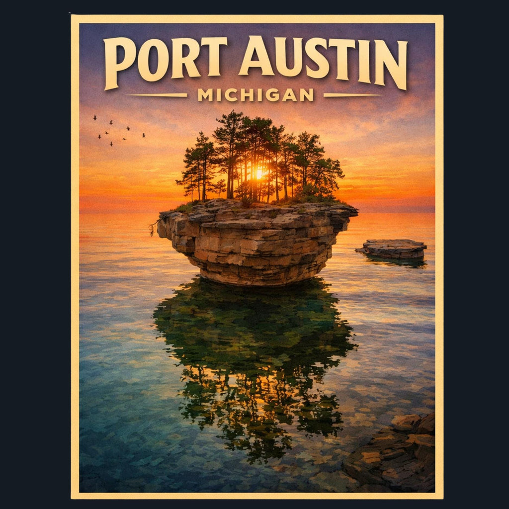 Port Austin Michigan Magnet | Turnip Rock Sunset, Lake Huron Souvenir, Vintage Style 2x2
