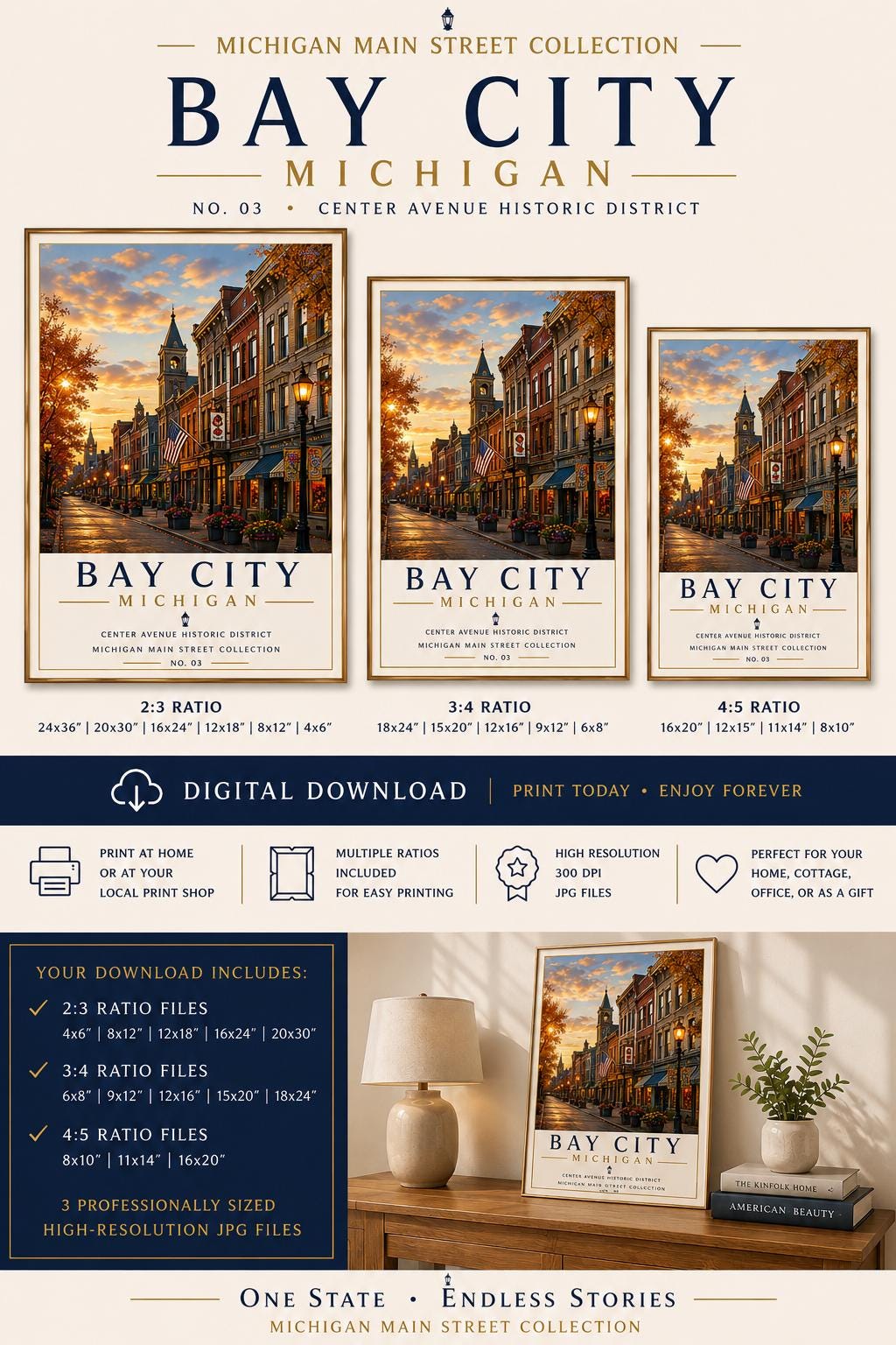 Bay City Michigan Print | Center Avenue Historic District | Vintage Travel Poster (Digital Download)