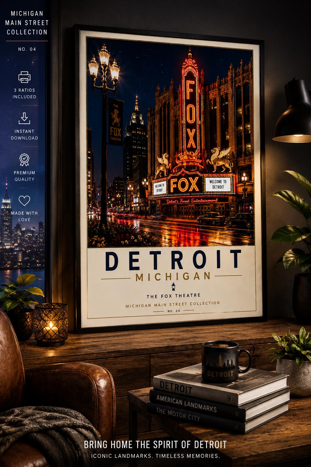 Detroit Fox Theatre Print | Vintage Michigan Travel Poster (Digital Download)