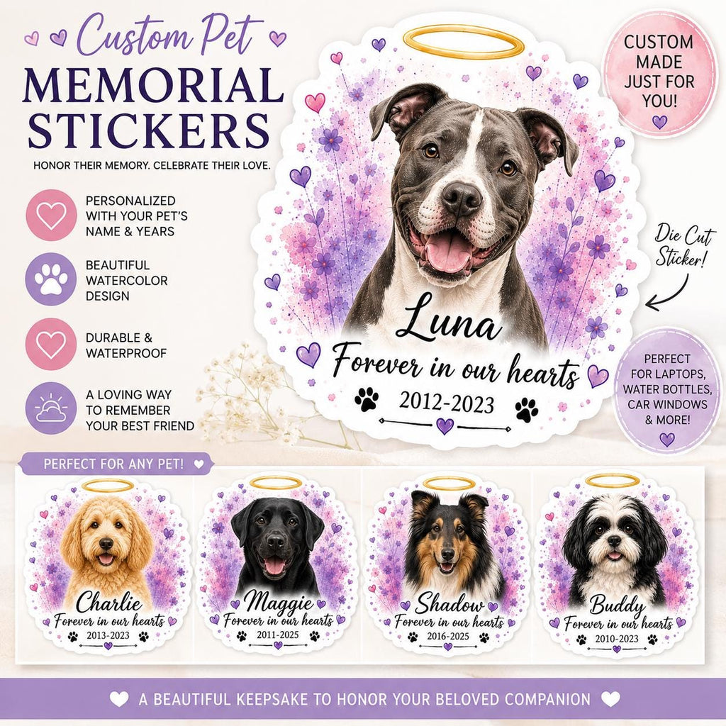 Custom Pet Memorial Sticker | Watercolor Pet Portrait Decal (Die Cut)