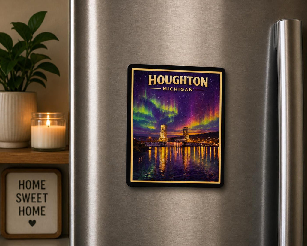 Houghton Michigan Magnet | Northern Lights Lift Bridge Souvenir (2x2 Inch)