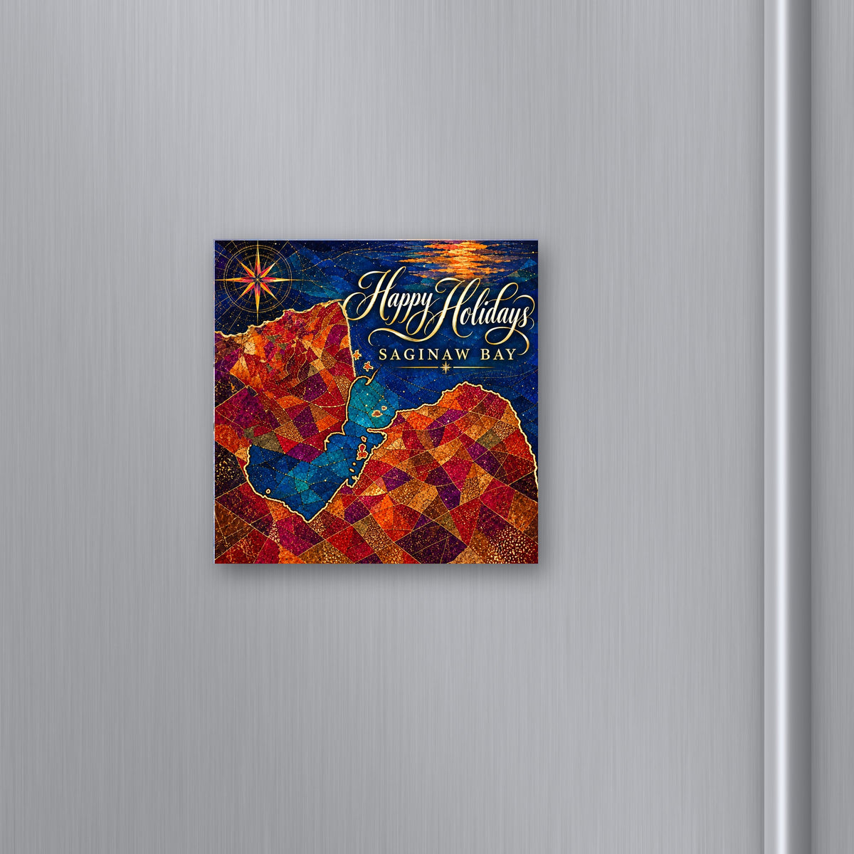 Stained Glass Saginaw Bay Magnet | Happy Holidays Saginaw Bay Map | 2" Michigan Fridge Magnet