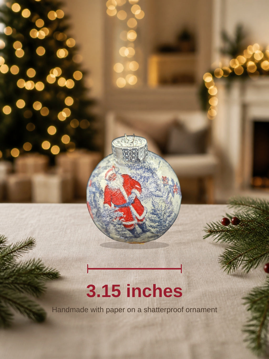 Blue Santa ornament is 3.15 inches, handmade with paper on a shatterproof ornament