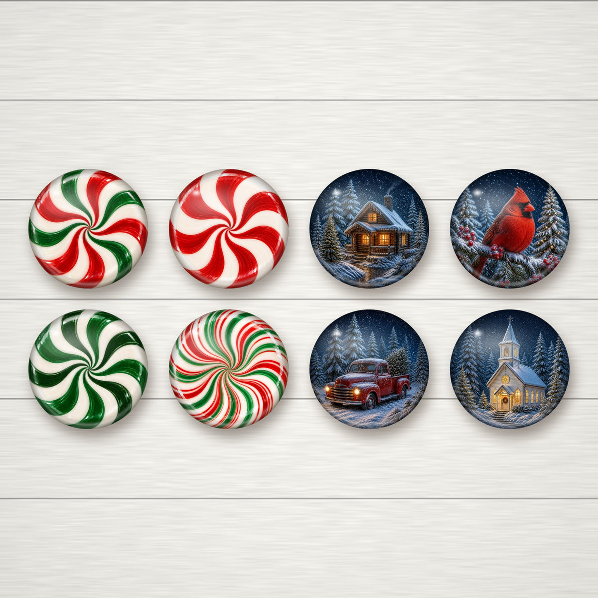 Both sets of Christmas glass magnets, 8 magnets on white shiplap