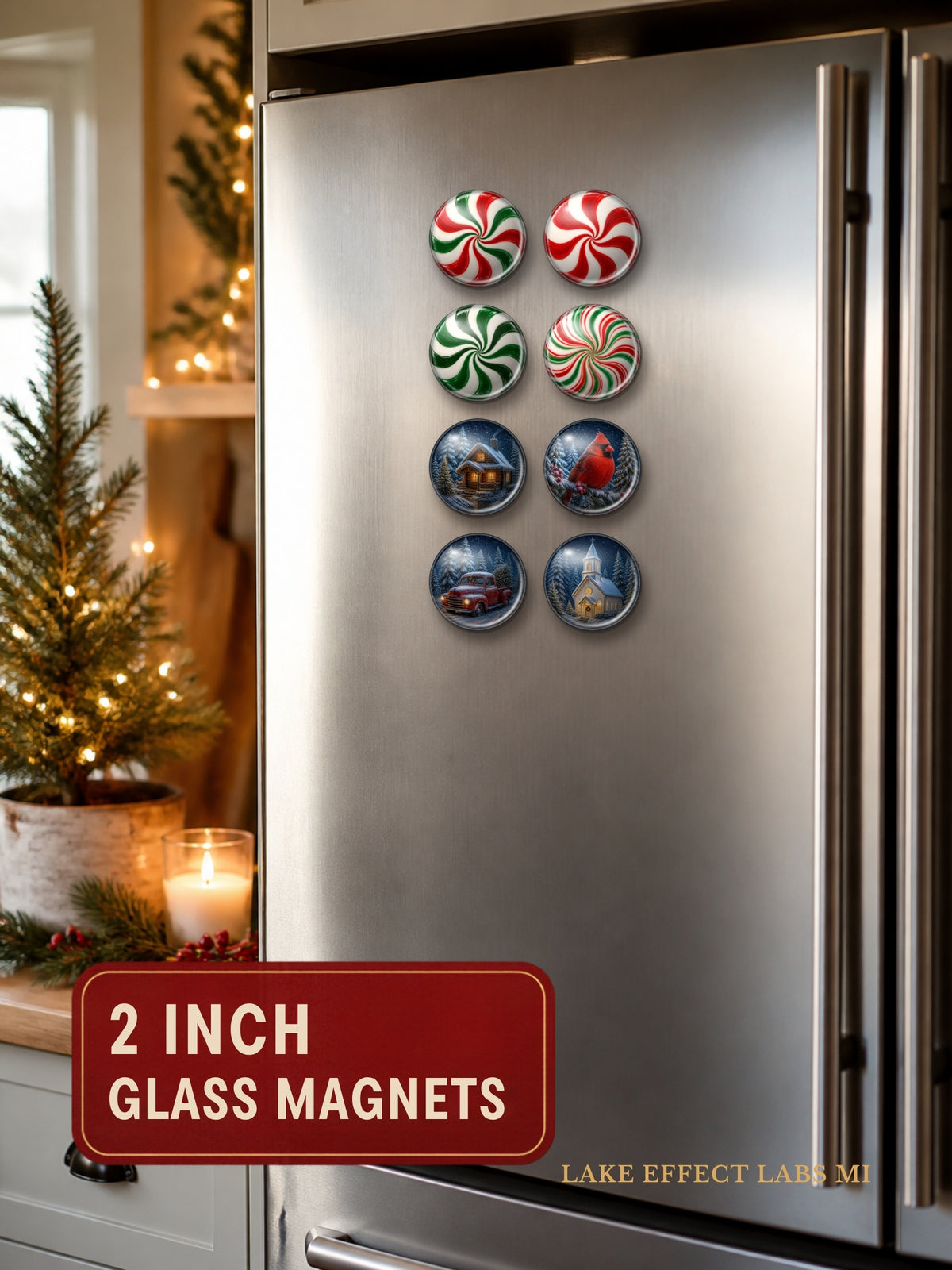 Peppermint Candy and Snowy Scene 2 inch glass dome magnets on a stainless fridge in a Christmas kitchen