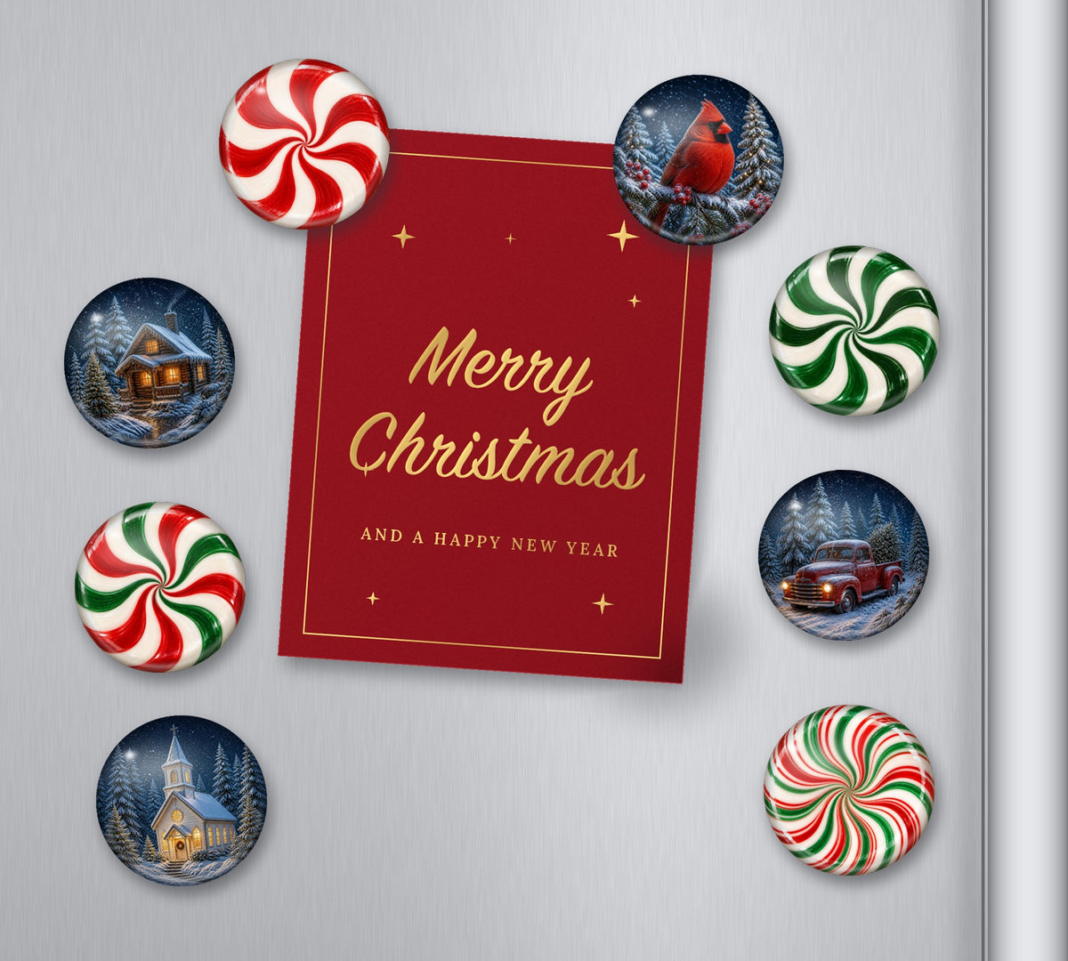 Glass magnets holding a red and gold Merry Christmas card on a fridge