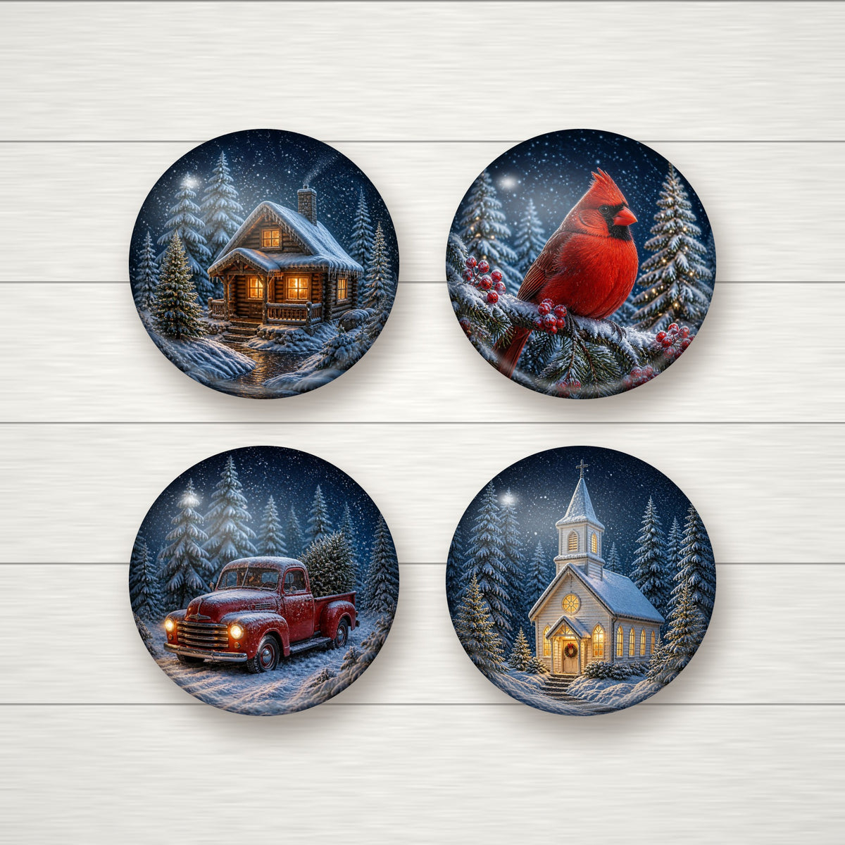 Snowy Scene glass magnet set of 4: log cabin, cardinal, red truck, country church