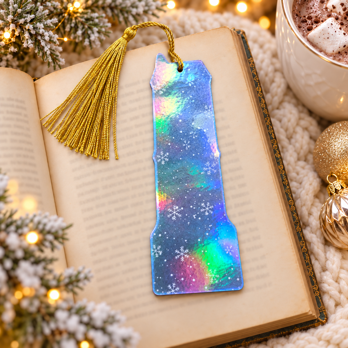 Back of the holographic Christmas Village bookmark with a snowfall pattern