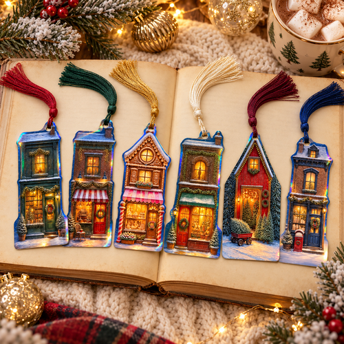 All six holographic Christmas Village bookmarks with colorful tassels on an open vintage book
