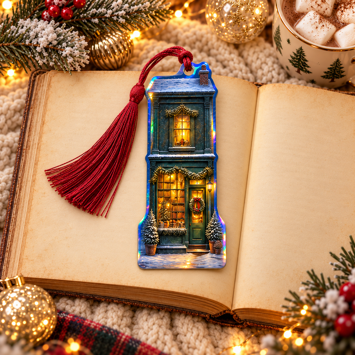 The Bookshop Christmas Village bookmark with a red tassel on an open book