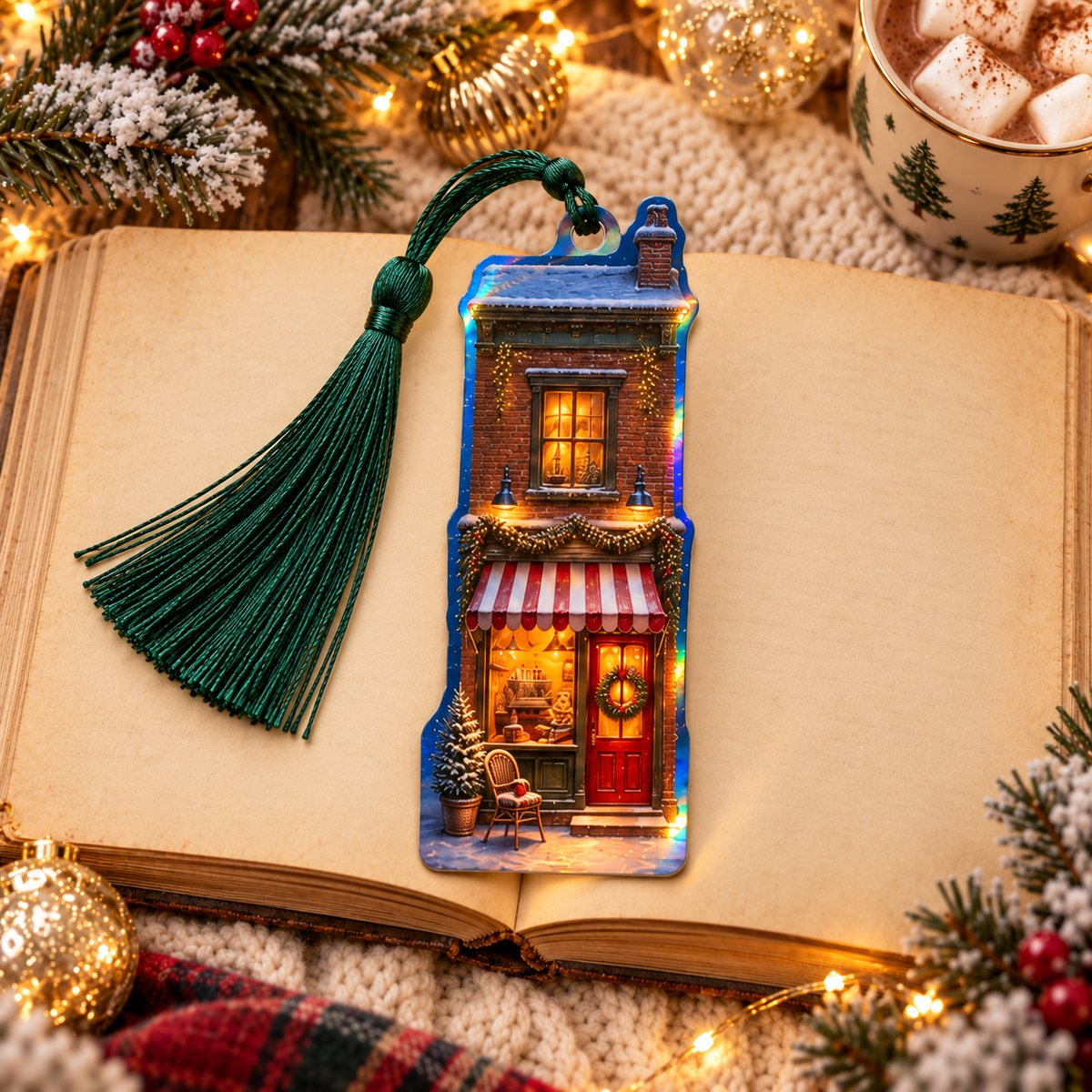 The Cocoa Shop Christmas Village bookmark with a green tassel on an open book