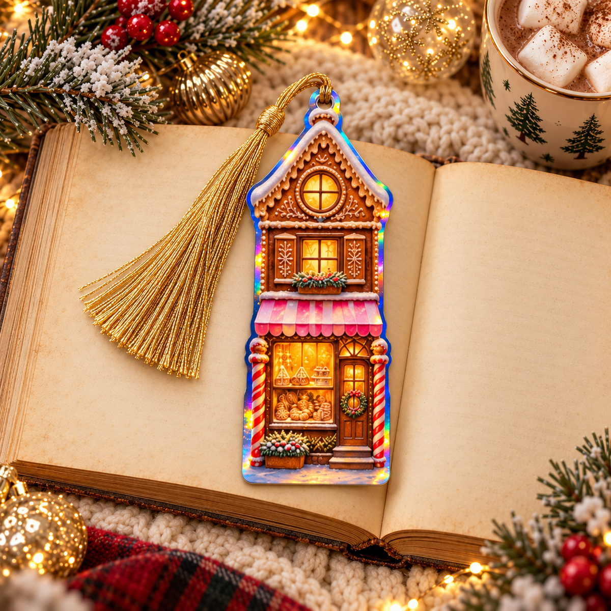 The Gingerbread Bakery Christmas Village bookmark with a tassel on an open book