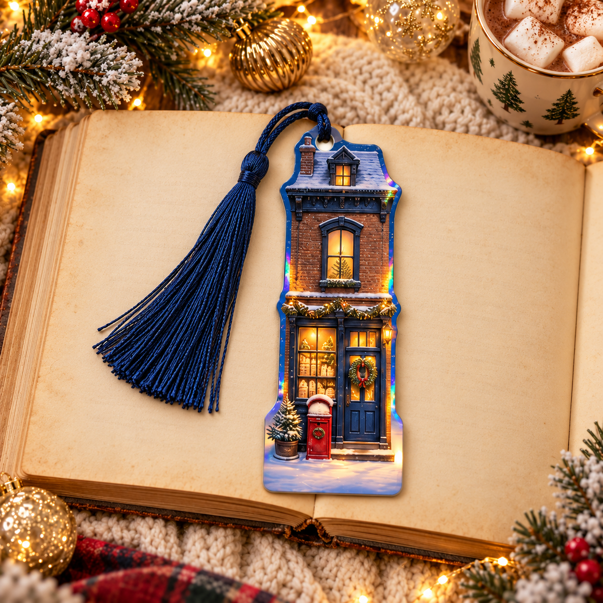 The Post Office Christmas Village bookmark with a navy tassel on an open book