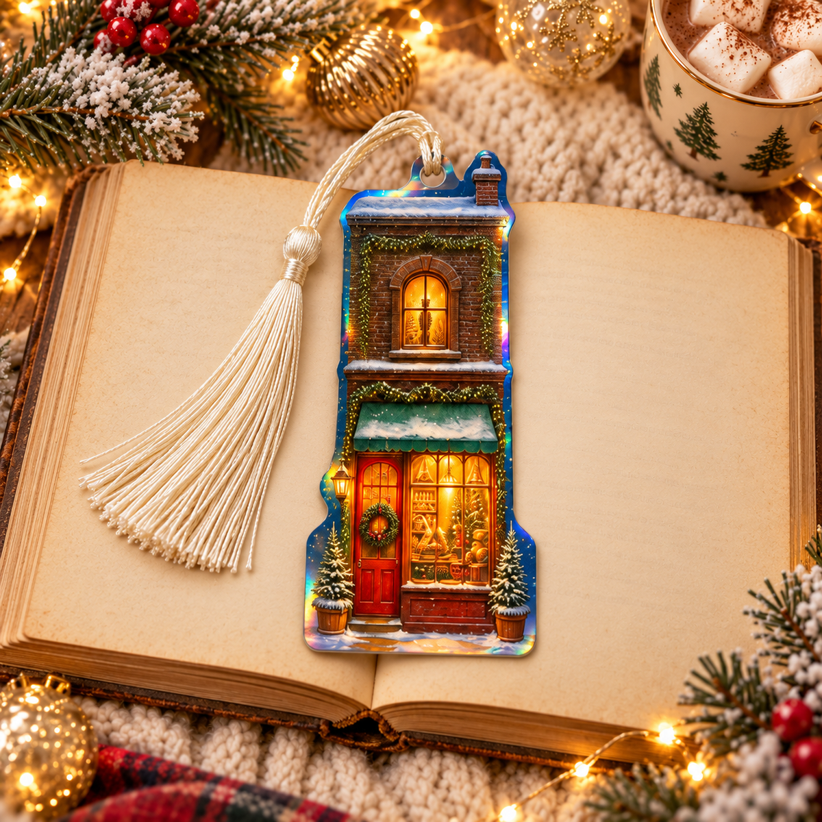 The Toy Shop Christmas Village bookmark with an ivory tassel on an open book