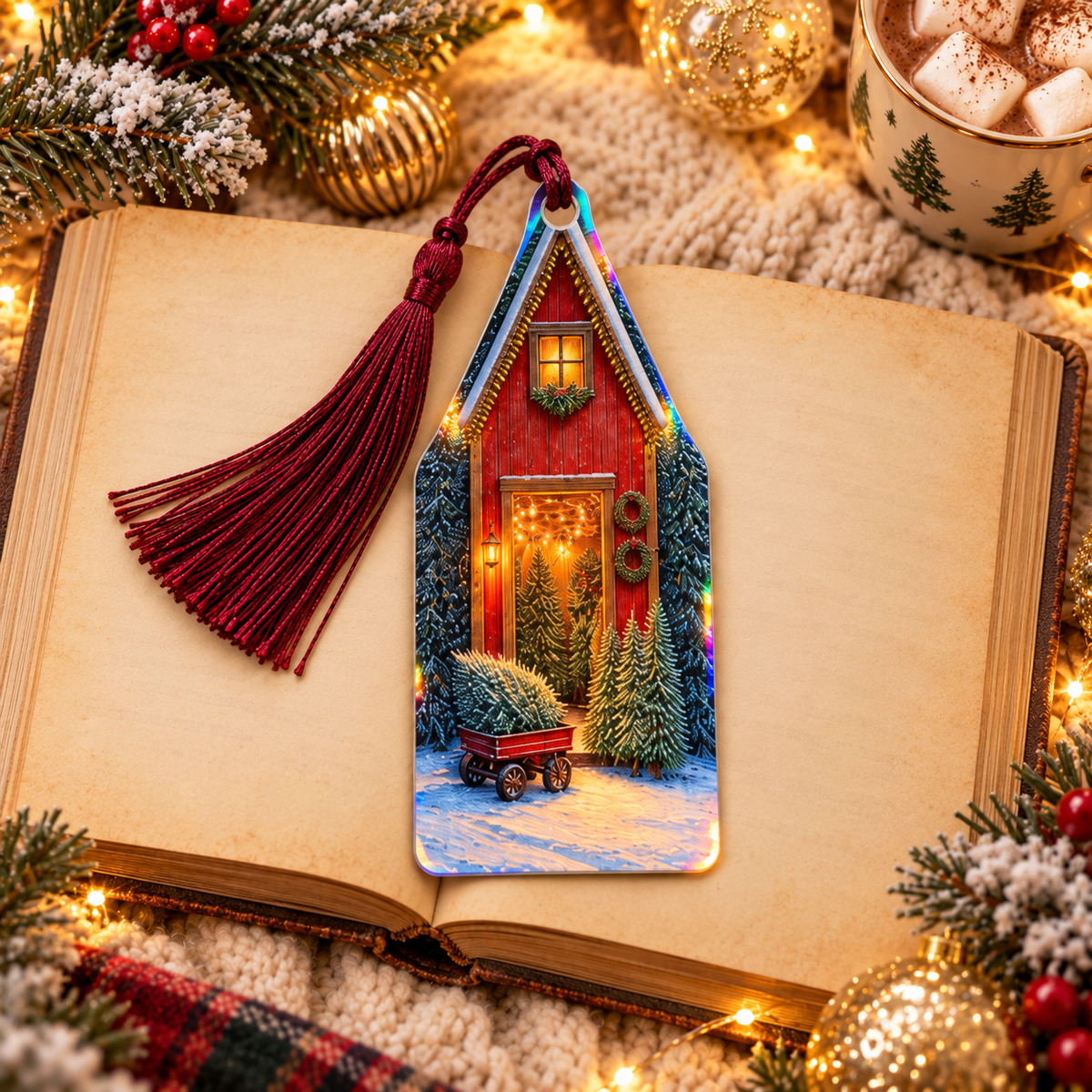 The Tree Farm Christmas Village bookmark with a burgundy tassel on an open book