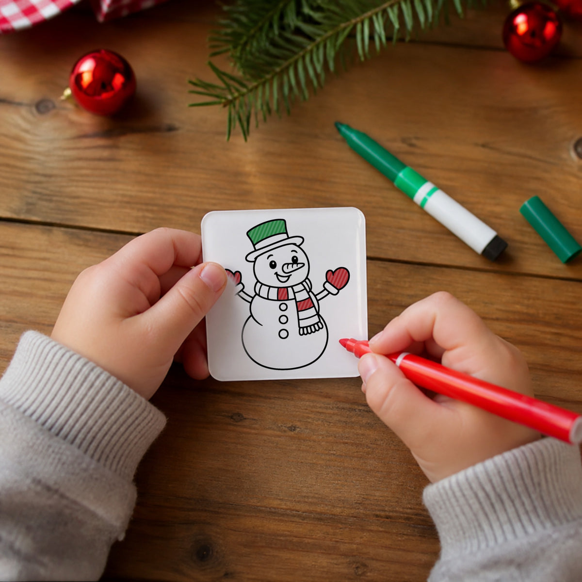 Child coloring a Color Your Own snowman Christmas magnet with a red dry-erase marker