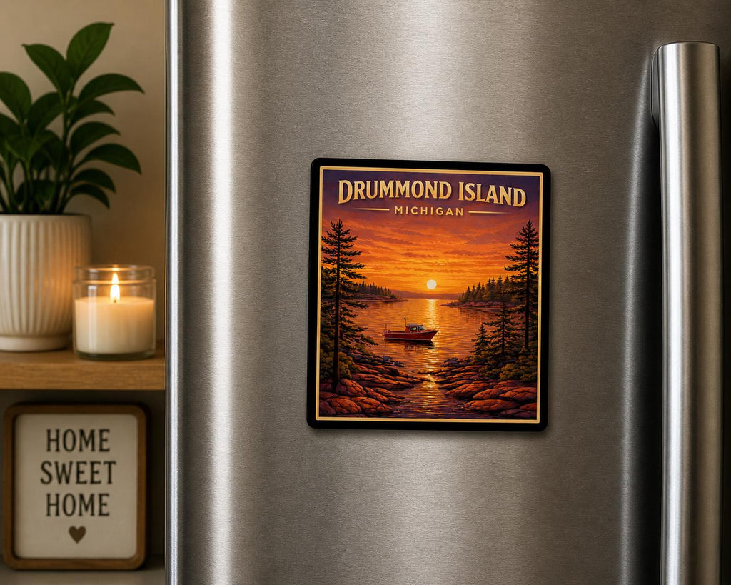 Drummond Island Michigan Magnet | Vintage Sunset Shoreline Souvenir (2x2 inches)