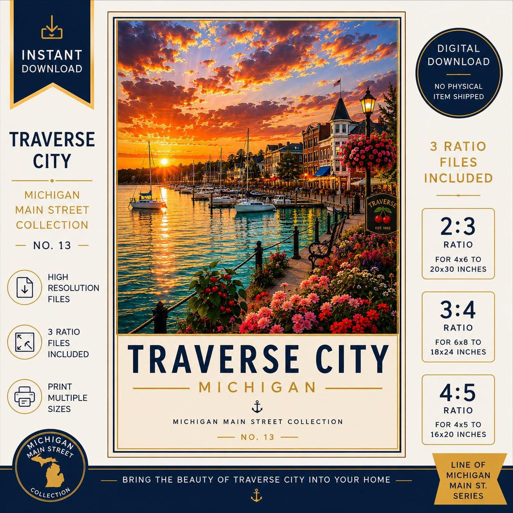 Traverse City Michigan Travel Poster | Northern Michigan Sunset Decor (Digital Download)