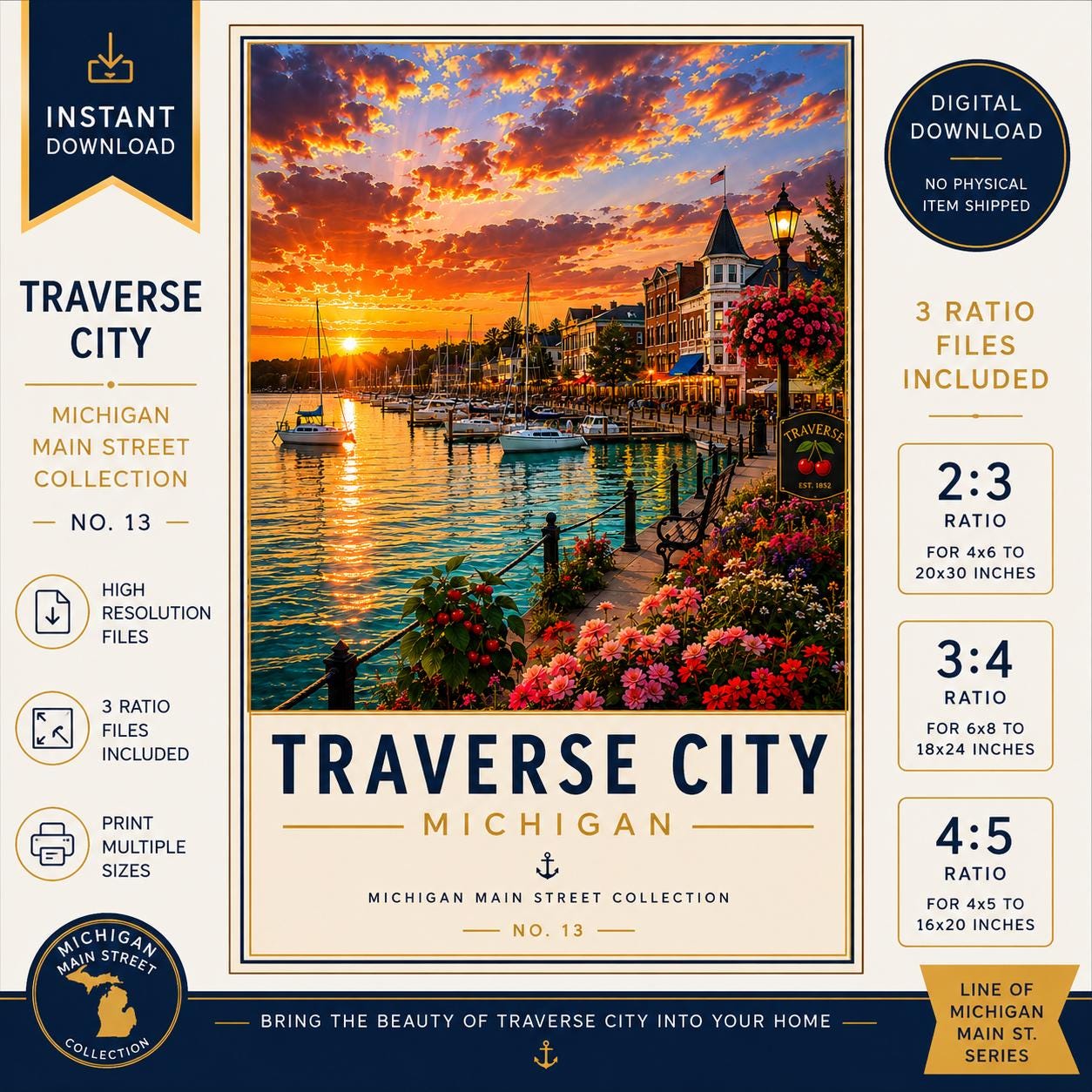 Traverse City Michigan Travel Poster | Northern Michigan Sunset Decor (Digital Download)
