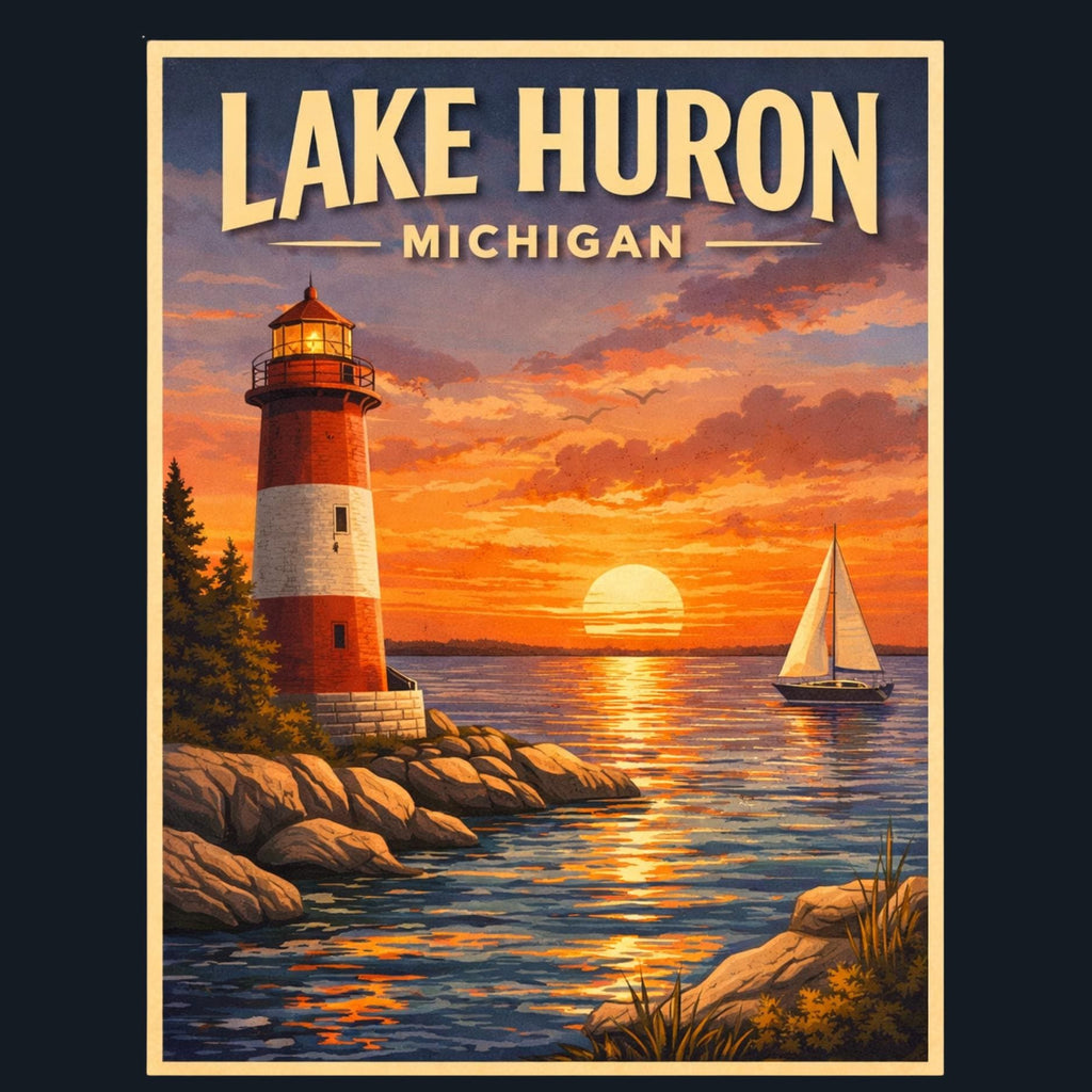 Lake Huron Lighthouse Magnet | Vintage Michigan Sunset Souvenir (2x2)