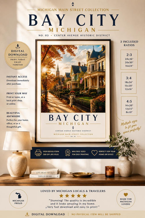 Bay City Michigan Print | Center Avenue Historic District | Vintage Travel Poster (Digital Download)