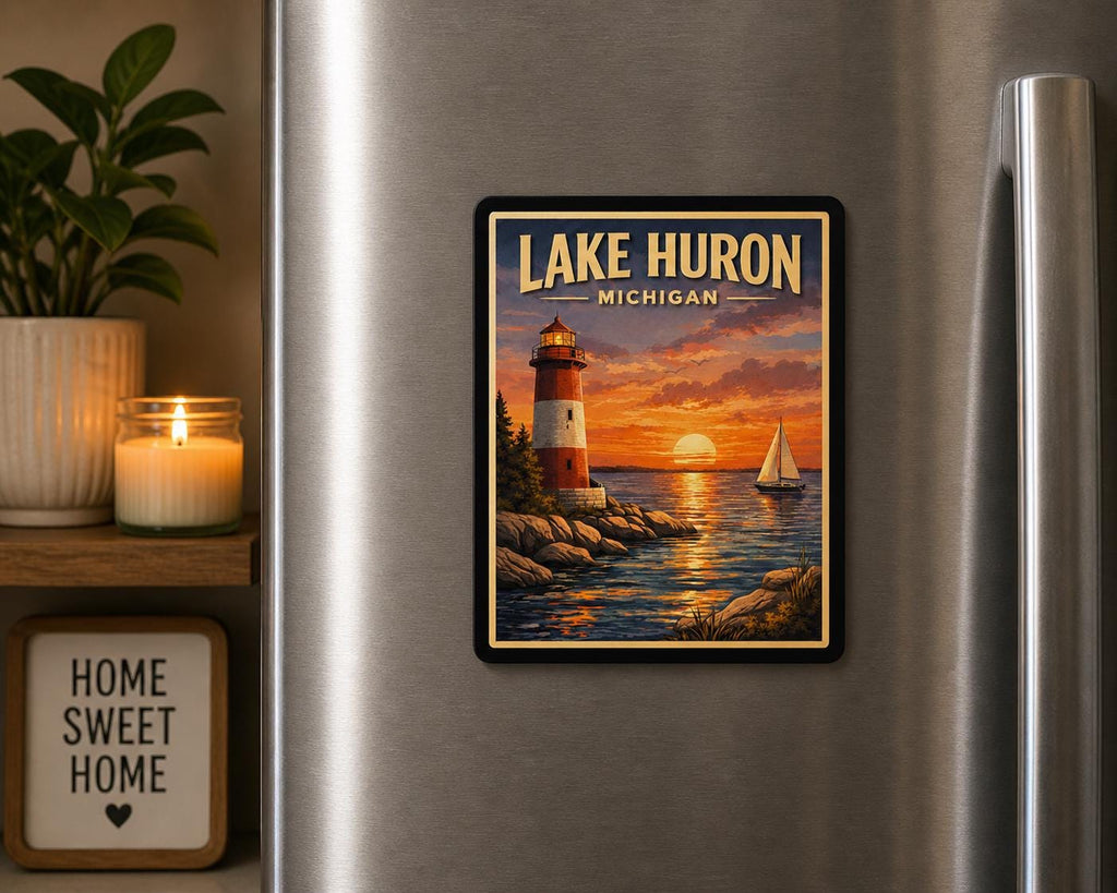Lake Huron Lighthouse Magnet | Vintage Michigan Sunset Souvenir (2x2)