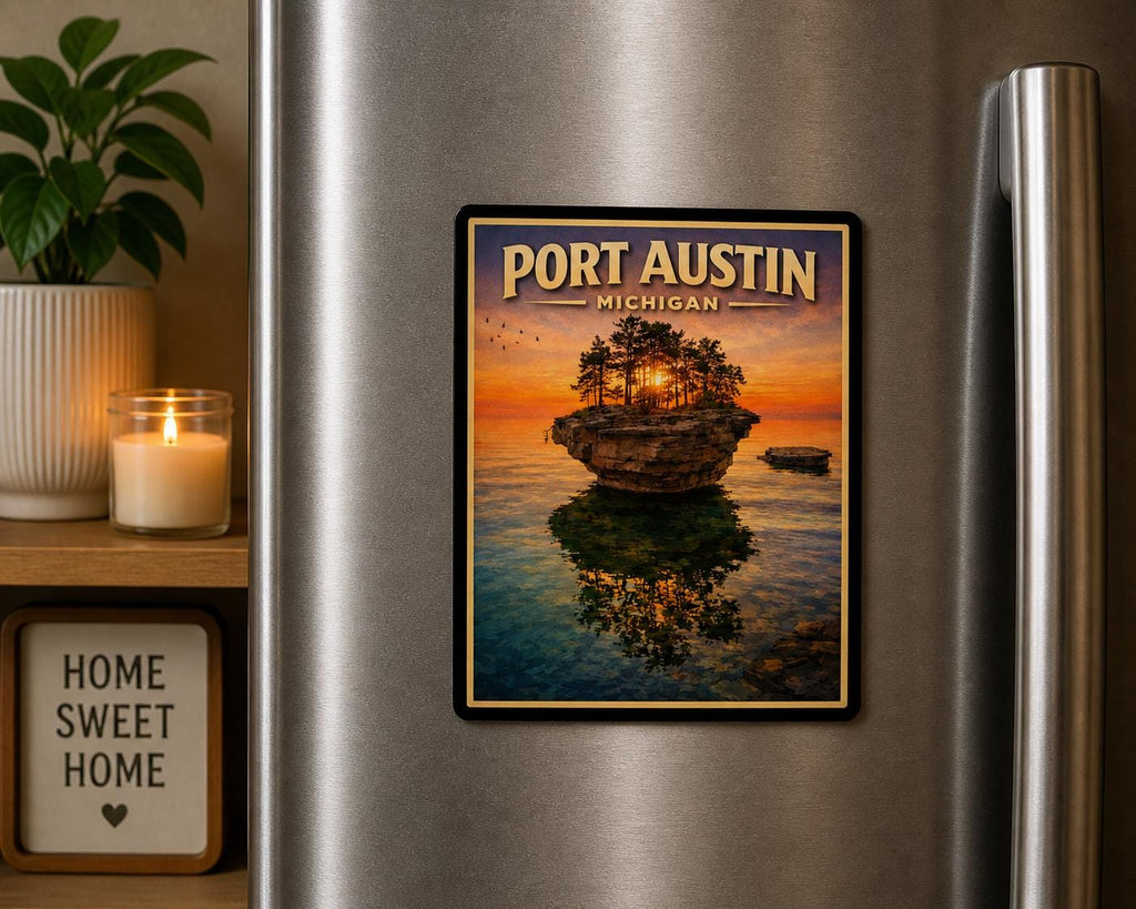 Port Austin Michigan Magnet | Turnip Rock Sunset, Lake Huron Souvenir, Vintage Style 2x2