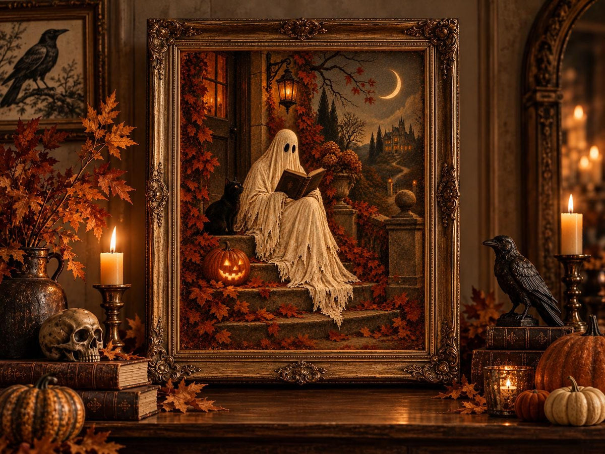 The Midnight Reader ghost and black cat Halloween print