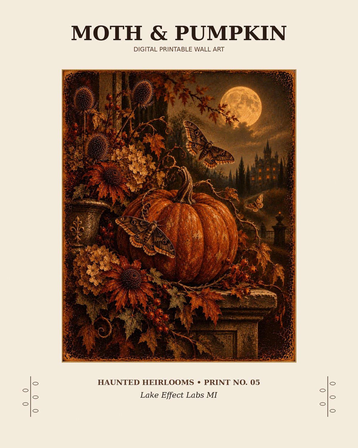 Moth and Pumpkin vintage Halloween print