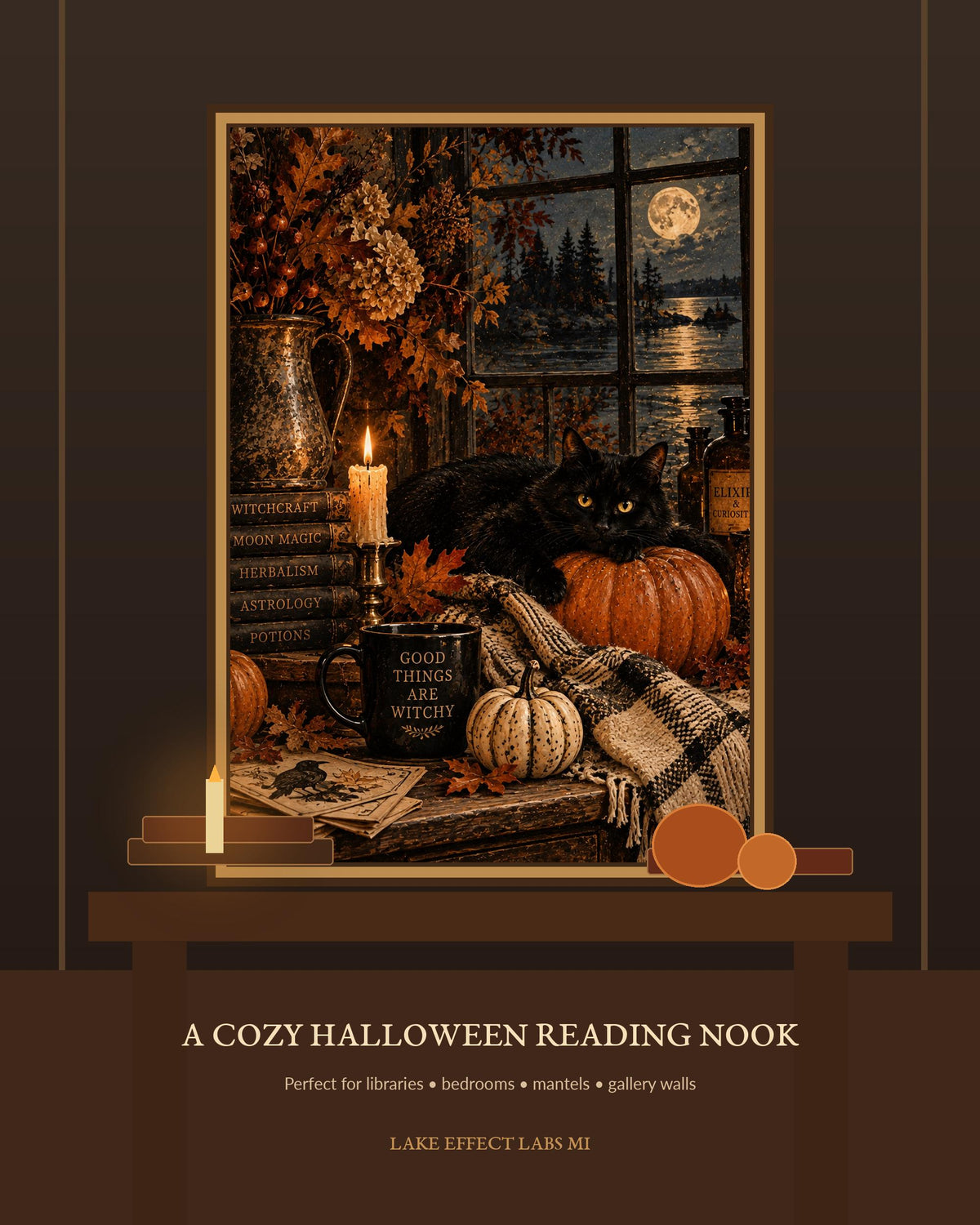 Moon Magic Familiar | Black Cat & Pumpkin Halloween Wall Art | Haunted Heirlooms No. 06 (Digital Download)