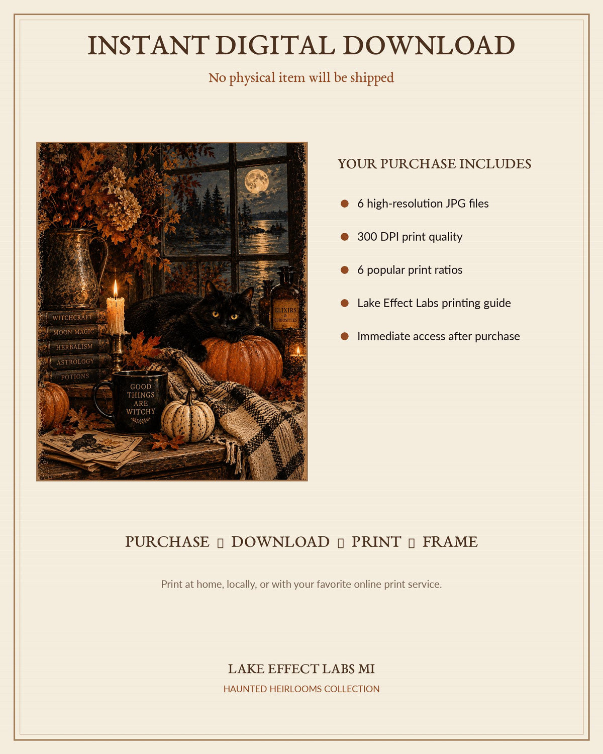 Moon Magic Familiar | Black Cat & Pumpkin Halloween Wall Art | Haunted Heirlooms No. 06 (Digital Download)