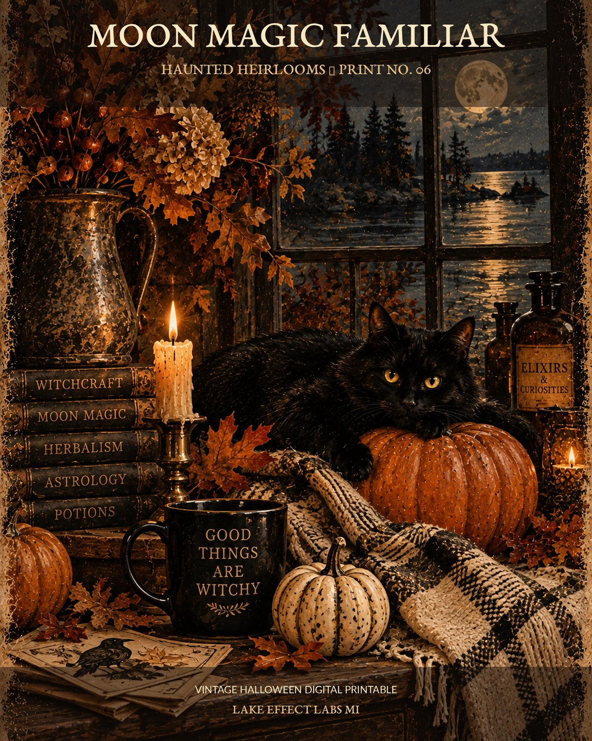 Moon Magic Familiar black cat Halloween print