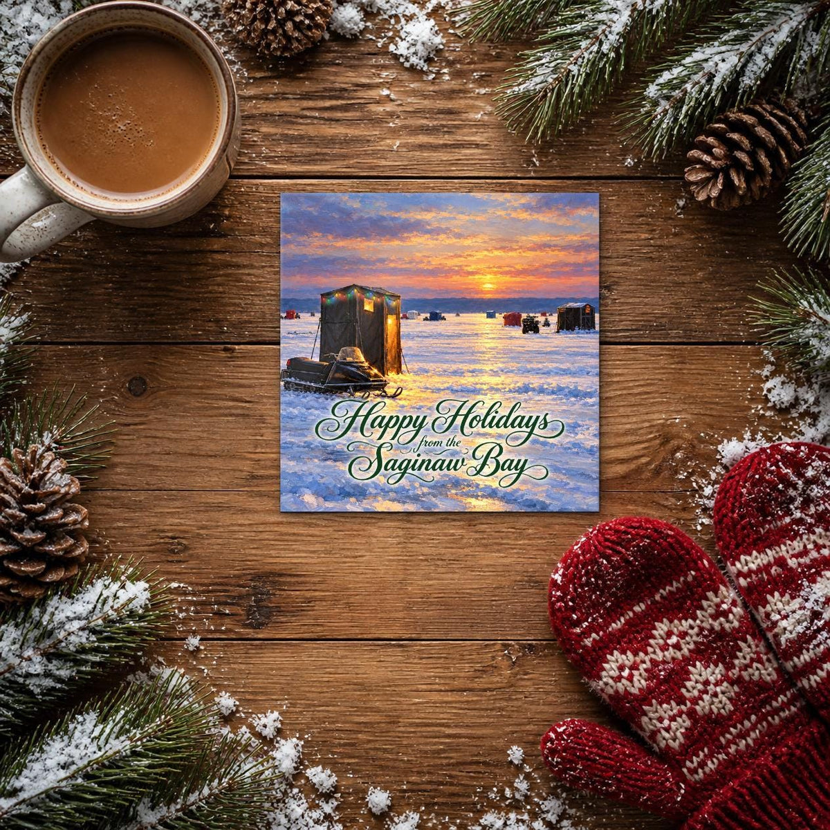 Saginaw Bay Ice Fishing Magnet | Happy Holidays from the Saginaw Bay | 2" Michigan Fridge Magnet