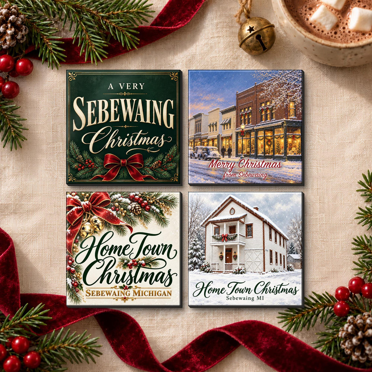 All 4 Sebewaing Christmas magnets on a linen flat lay