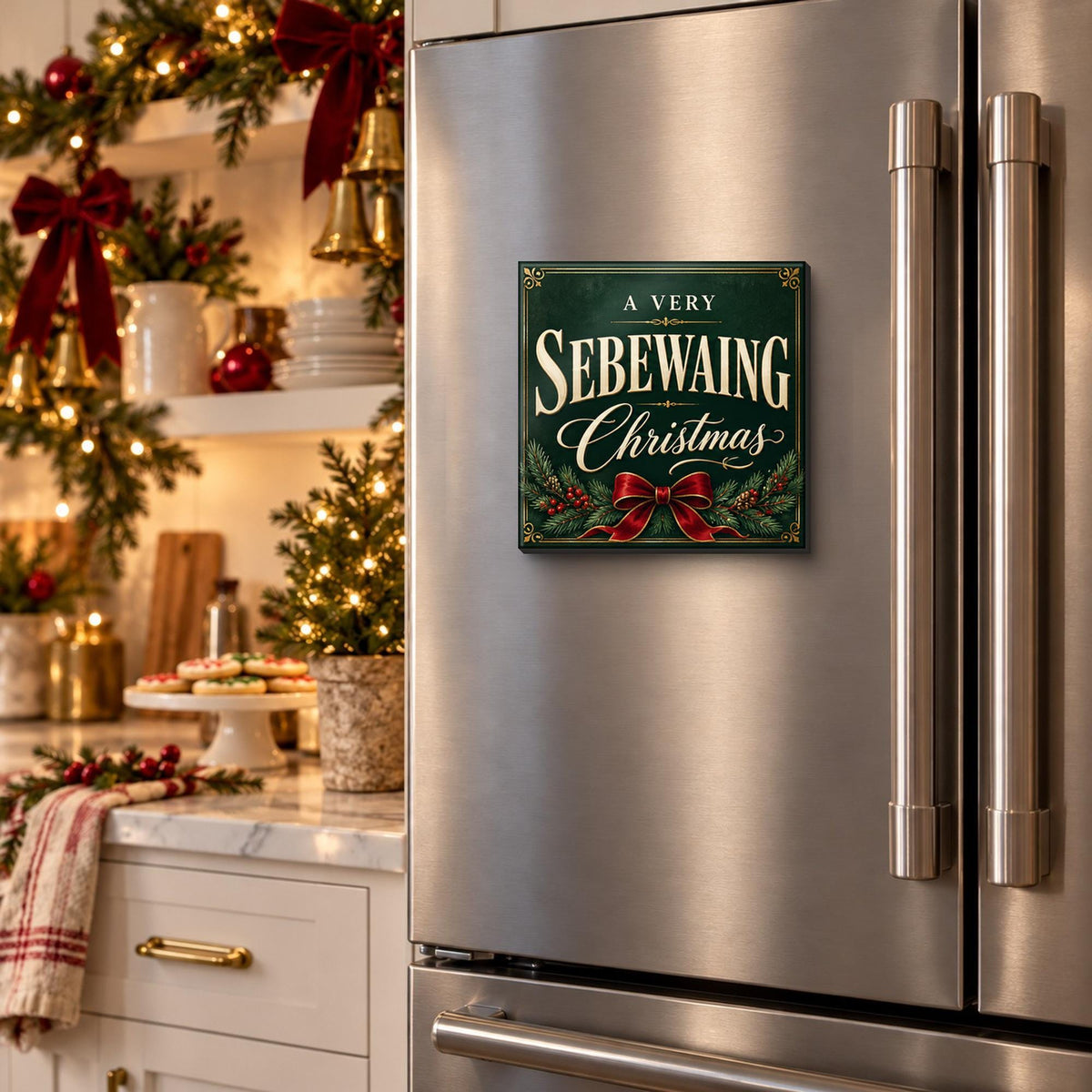 A Very Sebewaing Christmas magnet on a fridge