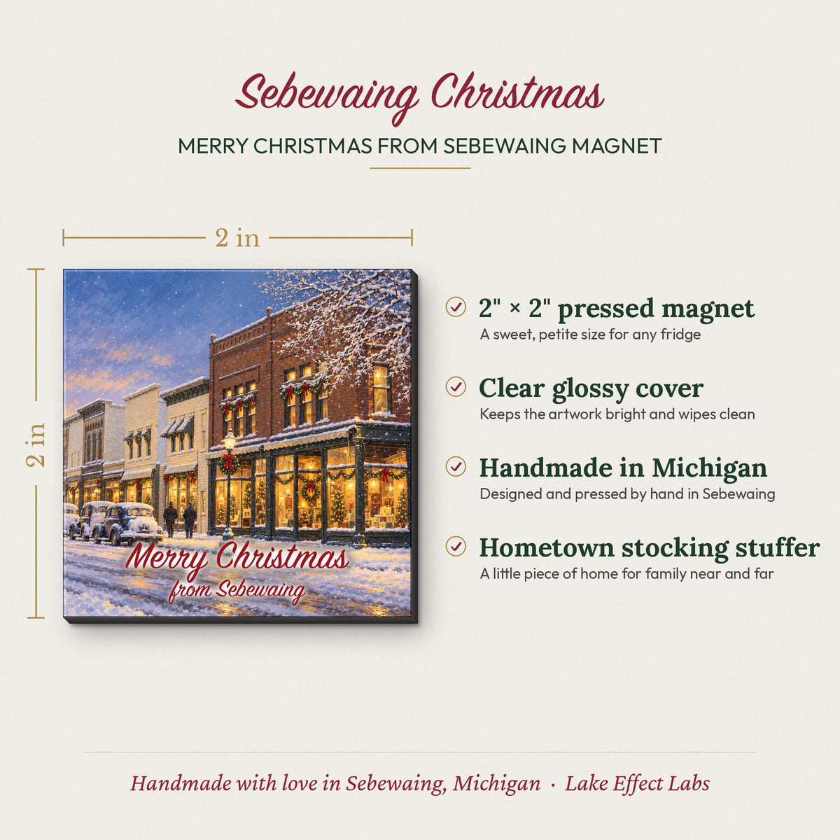 Merry Christmas from Sebewaing magnet size and details