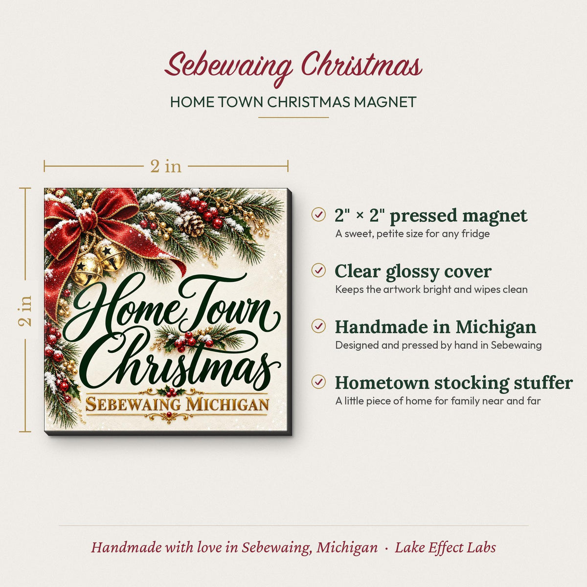 Home Town Christmas greenery magnet size and details