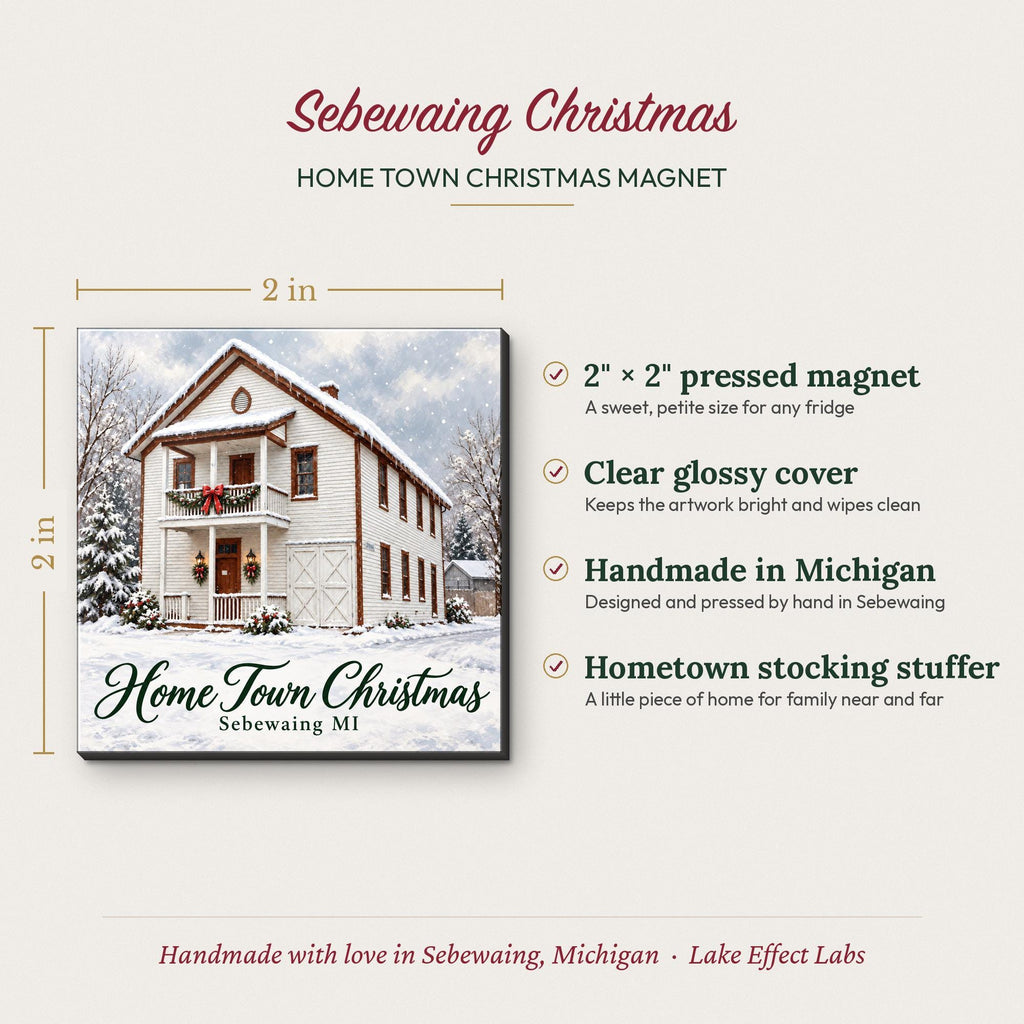 Home Town Christmas white building magnet size and details