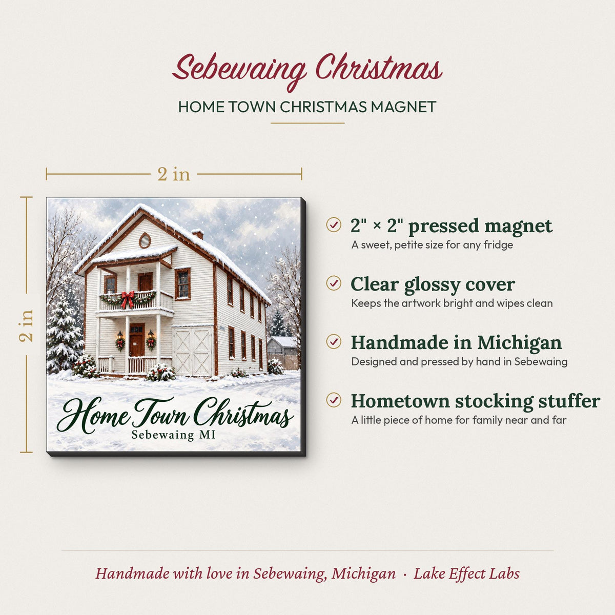 Home Town Christmas white building magnet size and details