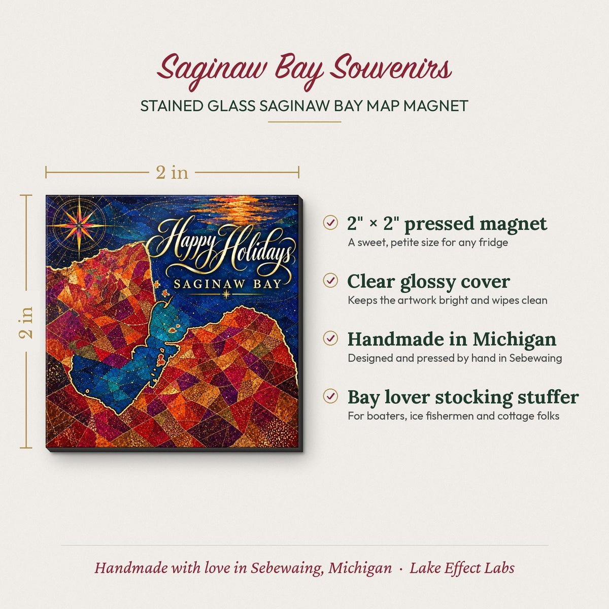 Stained Glass Saginaw Bay magnet size and details