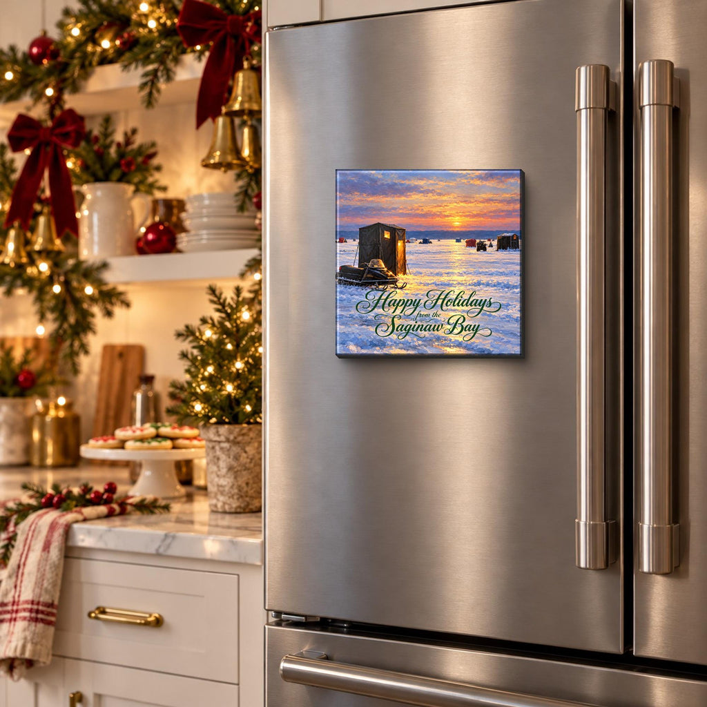 Happy Holidays Saginaw Bay magnet on a fridge