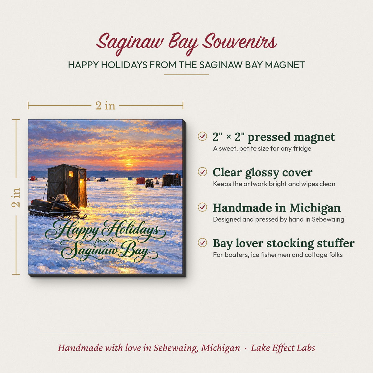 Happy Holidays Saginaw Bay magnet size and details