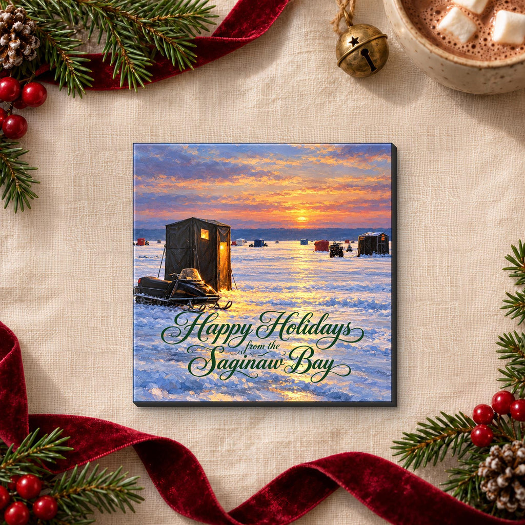 Happy Holidays from the Saginaw Bay ice shanty magnet on a linen flat lay
