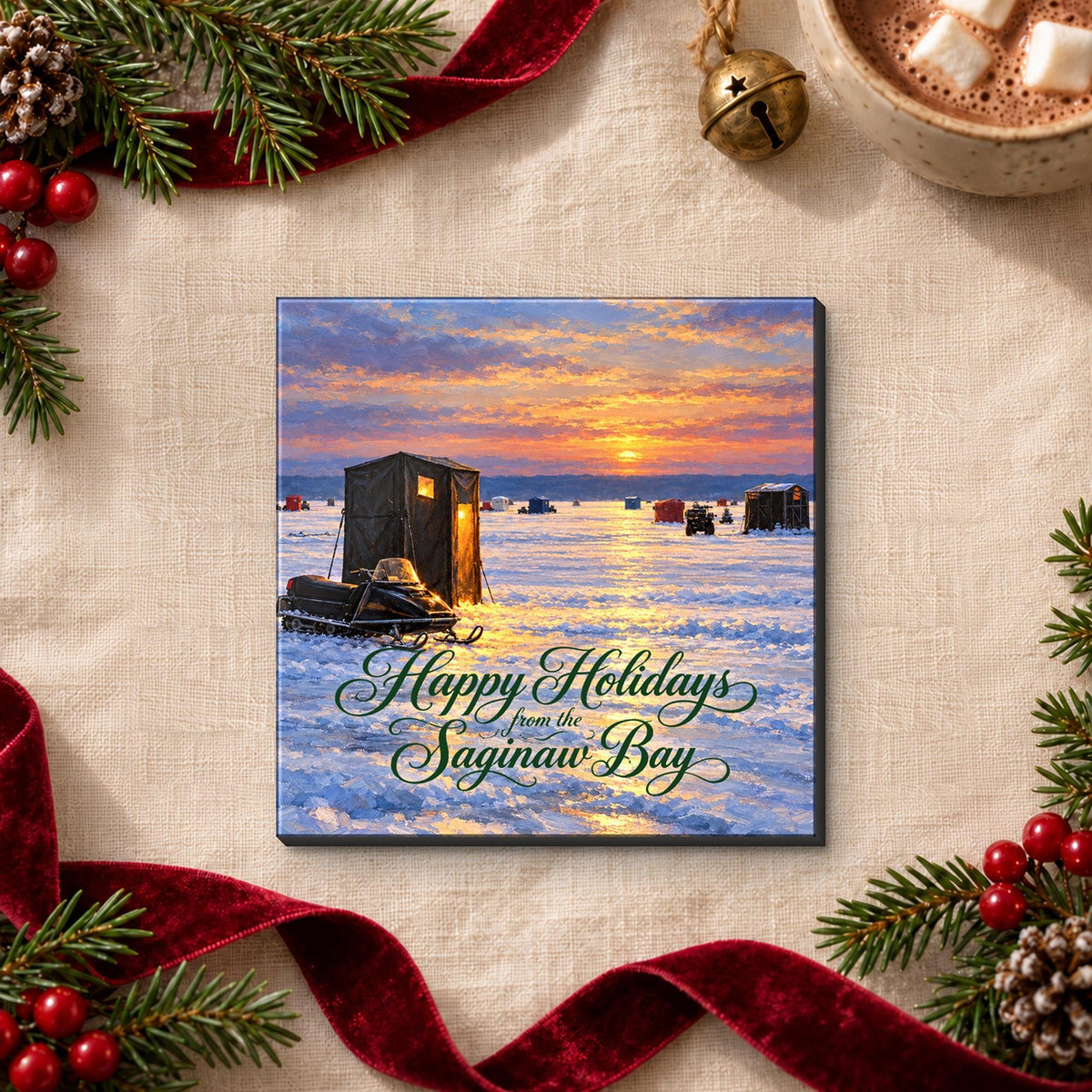 Happy Holidays from the Saginaw Bay ice shanty magnet on a linen flat lay