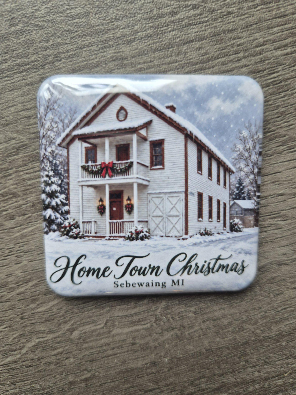 Home Town Christmas Sebewaing white building magnet, real photo