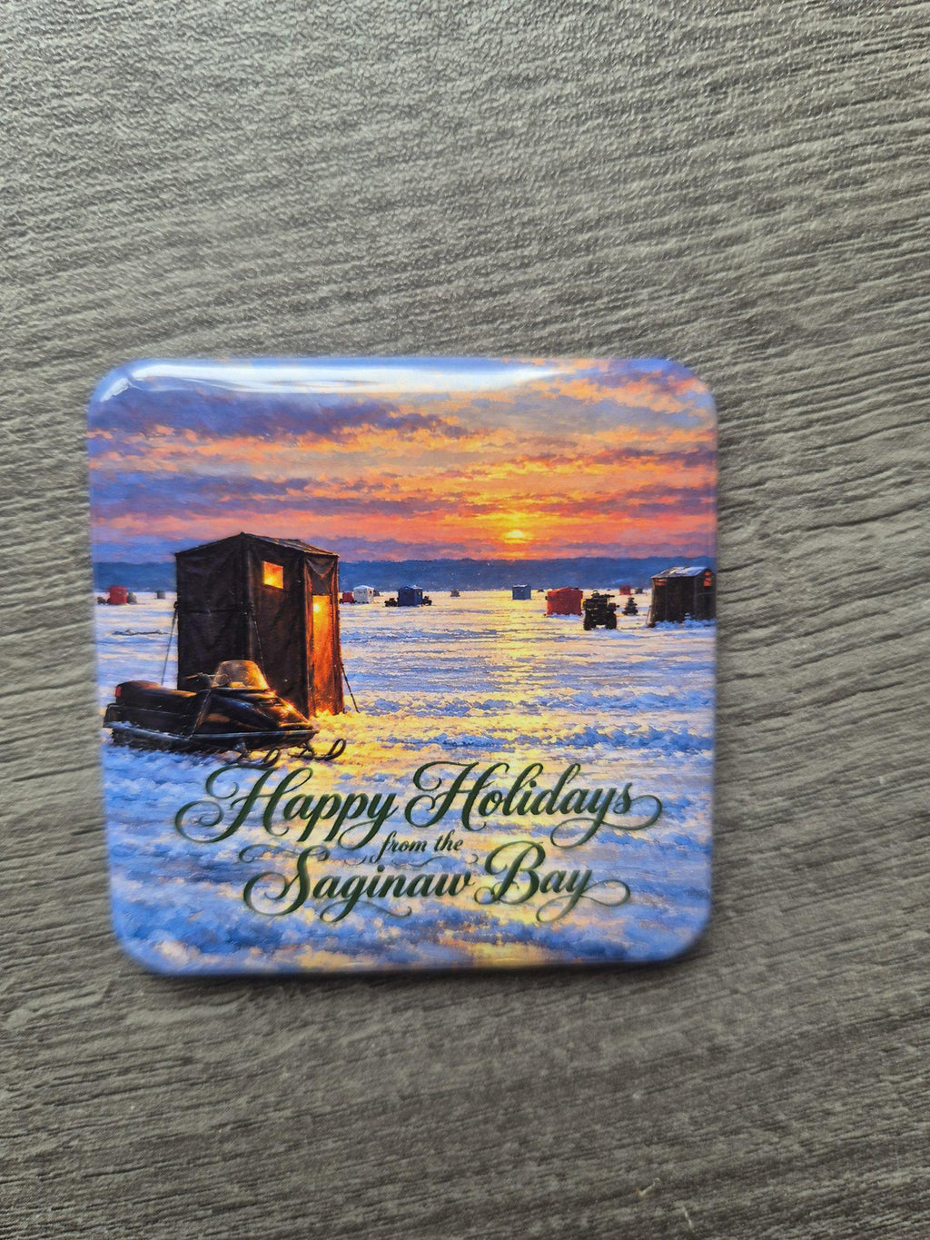 Happy Holidays from the Saginaw Bay ice shanty magnet, real photo