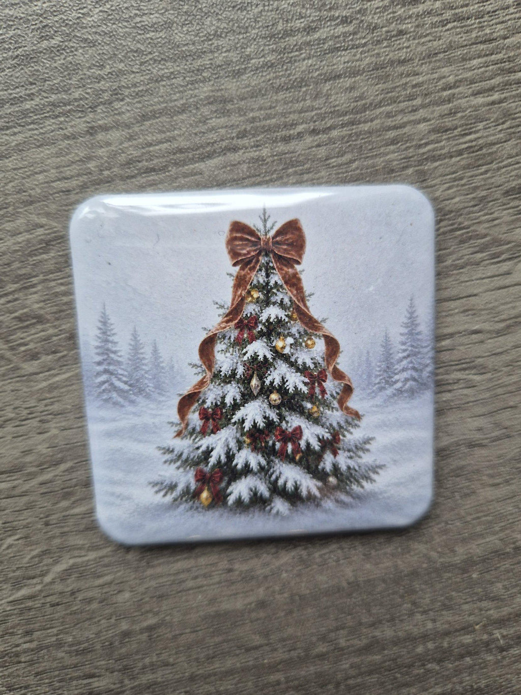 Vintage Christmas snowy tree magnet, real photo