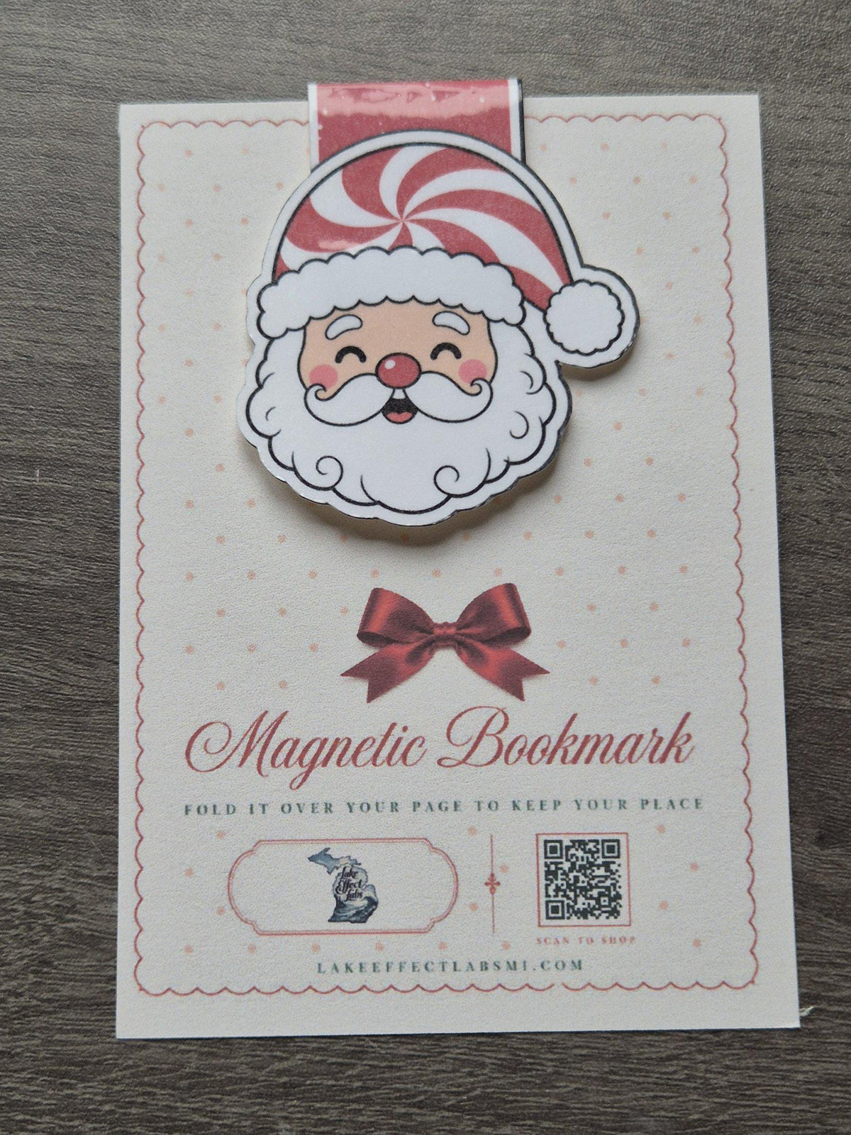 Santa magnetic bookmark on backing card, real photo