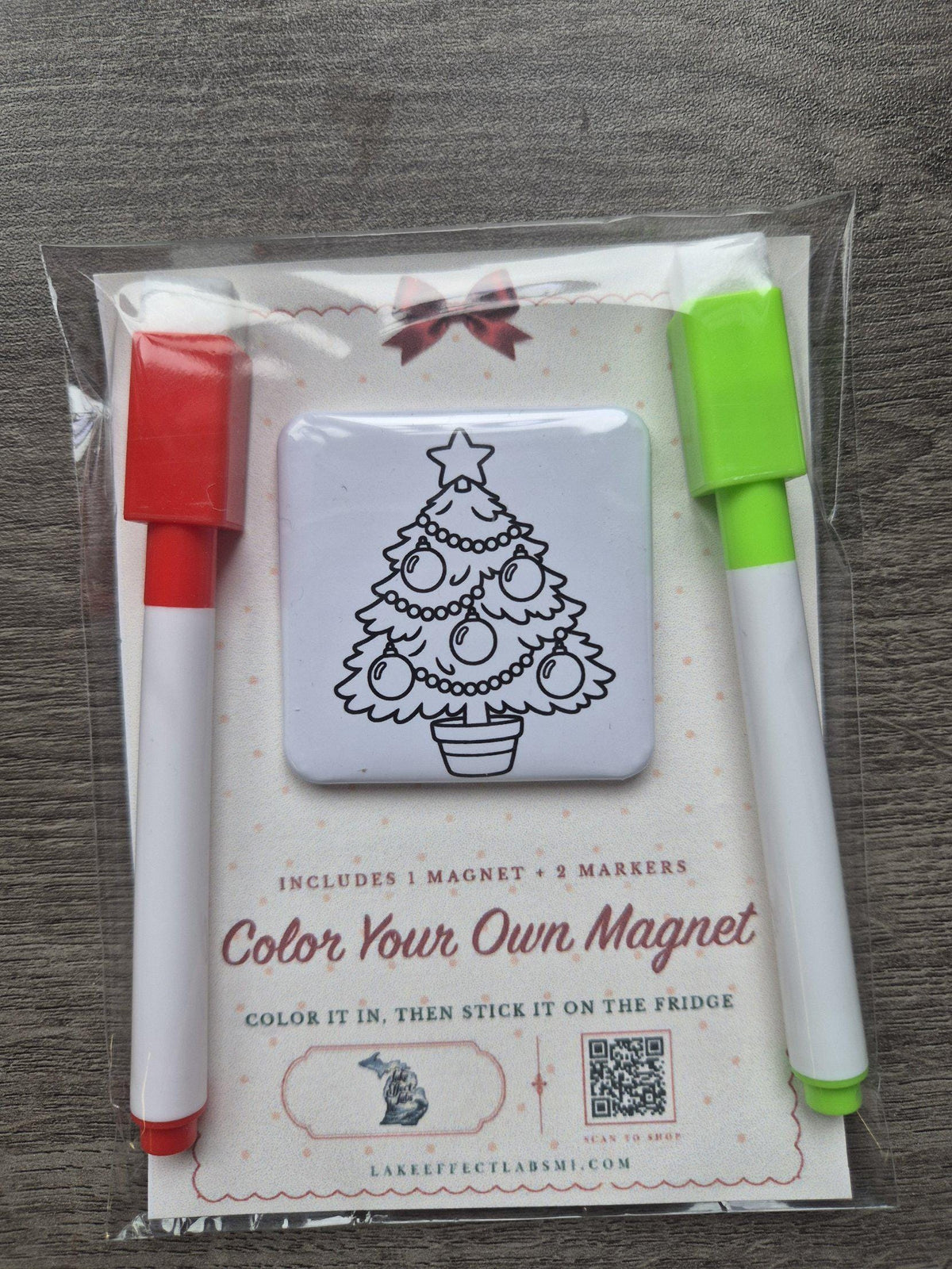 Color Your Own Christmas tree magnet packaged with red and green markers, real photo