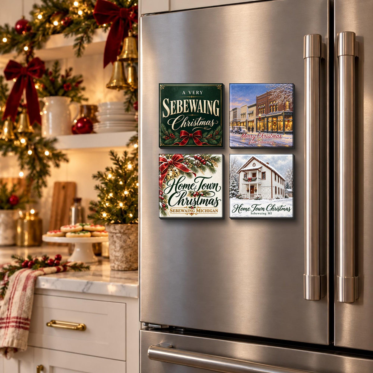 All 4 Sebewaing Christmas magnets on a stainless fridge